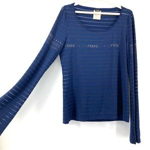 Vintage Gianfranco Ferre Embellished Striped Long Sleeve Stretchy Top